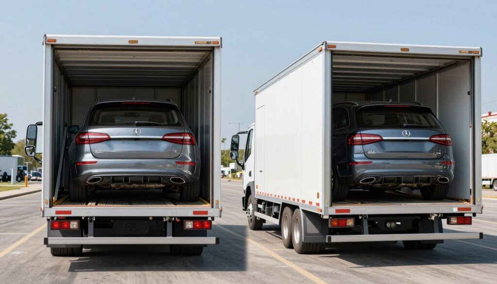 Comparison of open and enclosed car transport carriers side by side