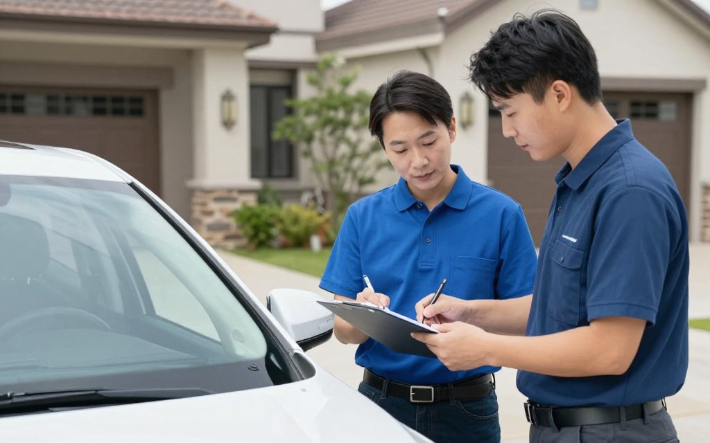 Customer inspecting delivered vehicle with driver after cross-country transport