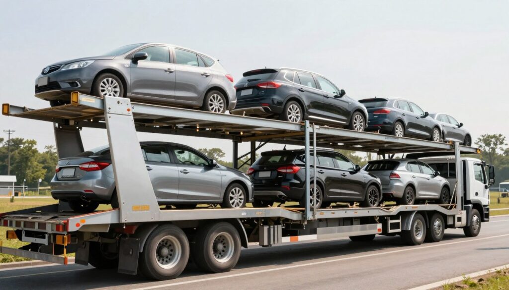 Different vehicle types on auto transport carrier showing size comparison