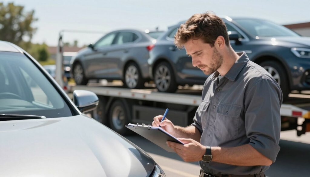 Driver conducting vehicle inspection before loading onto transport carrier
