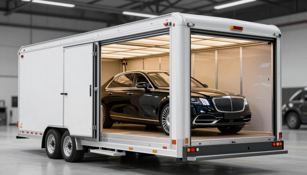 Enclosed auto transport trailer protecting luxury vehicles during cross-country shipping