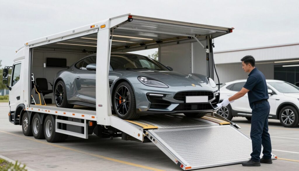Enclosed car transport trailer with luxury vehicles being loaded