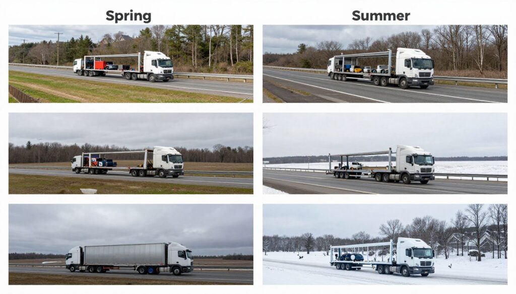Four-panel image showing seasonal weather conditions affecting auto transport routes