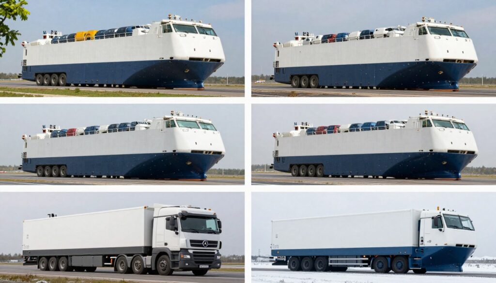 Four seasons comparison showing different weather conditions for car transport