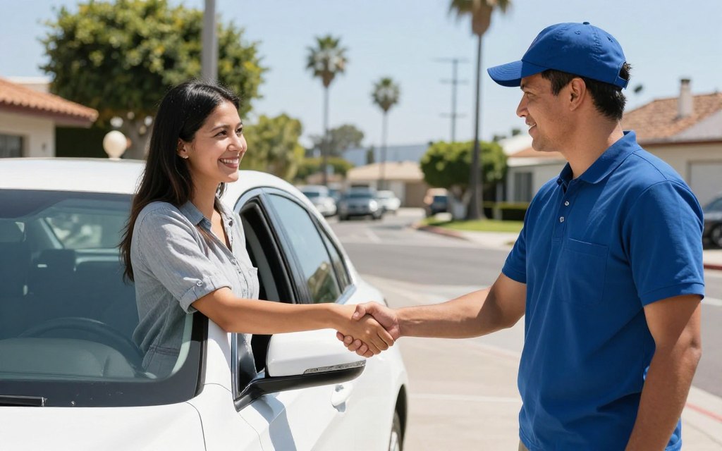 Happy customer receiving delivered vehicle in California