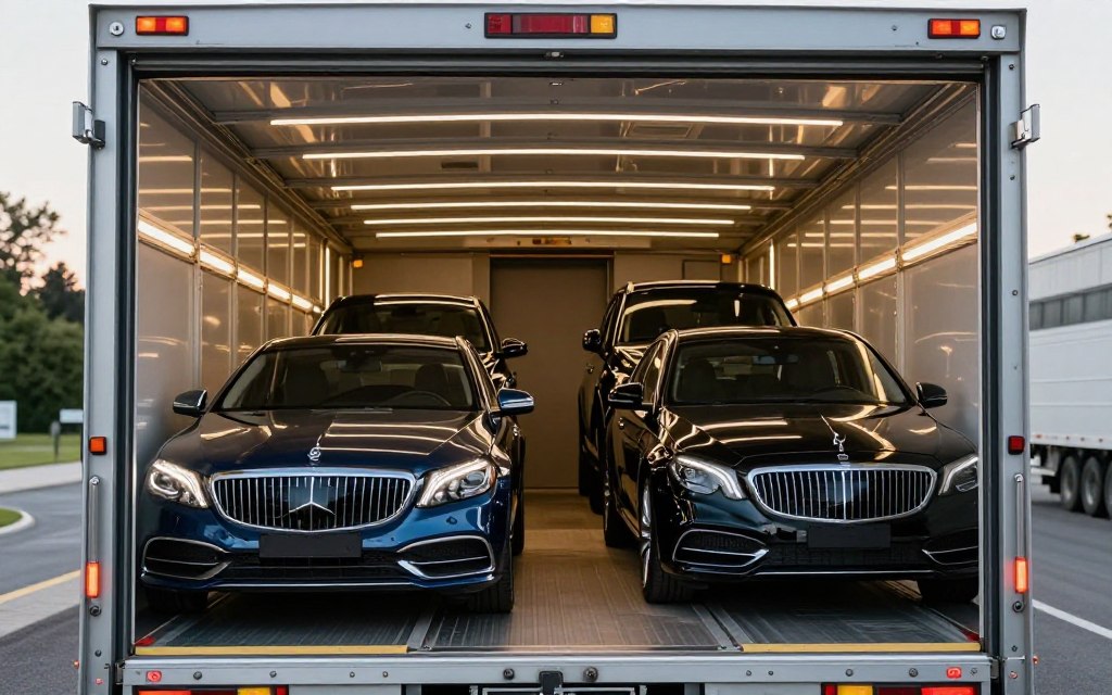 Interior view of enclosed car transport carrier with luxury vehicles