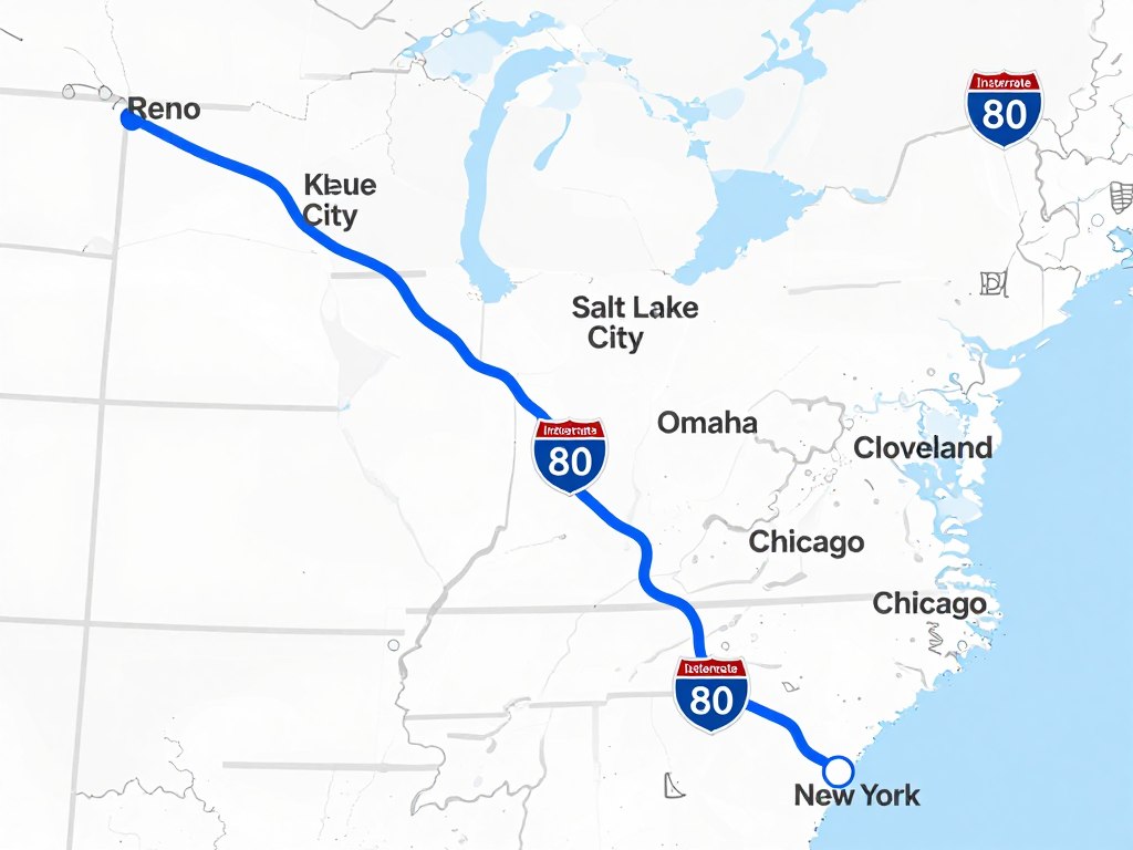 Interstate highway system map highlighting I-80 route from California to New York