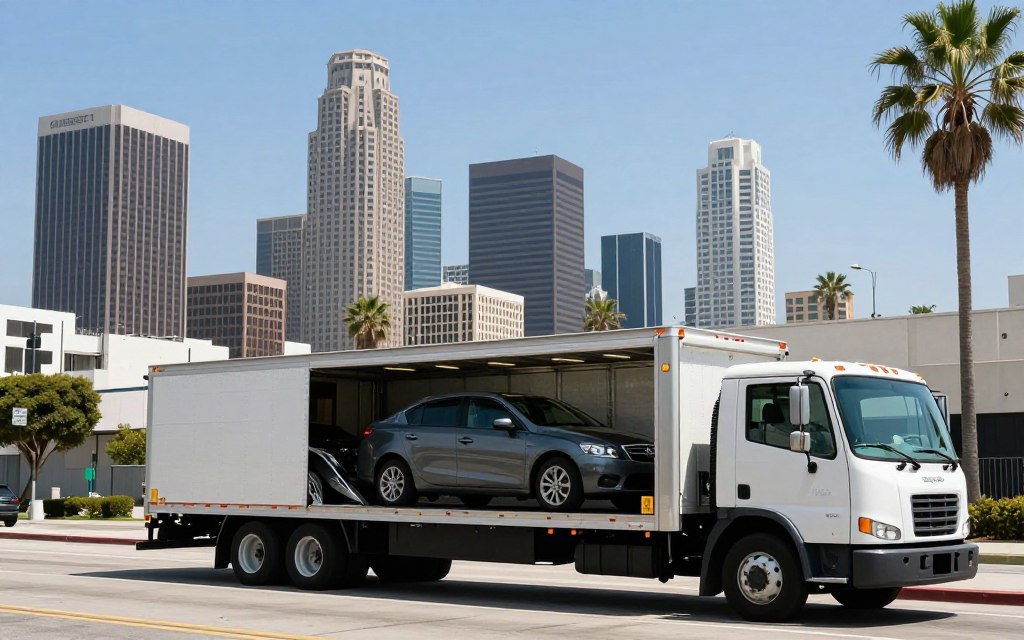 Los Angeles cityscape with auto transport truck preparing for vehicle pickup