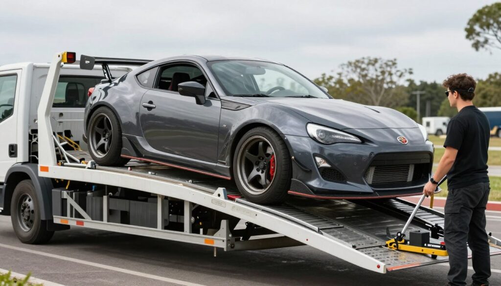 Lowered custom vehicle being loaded with special low-clearance equipment