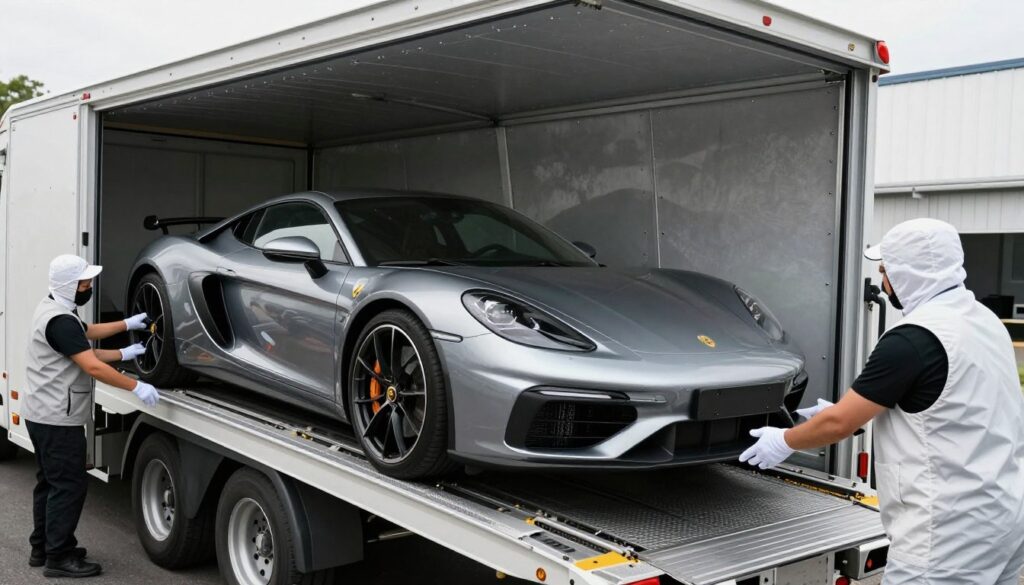 Luxury sports car being loaded onto enclosed transport carrier