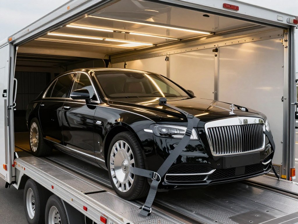 Luxury vehicle inside climate-controlled enclosed auto transport trailer