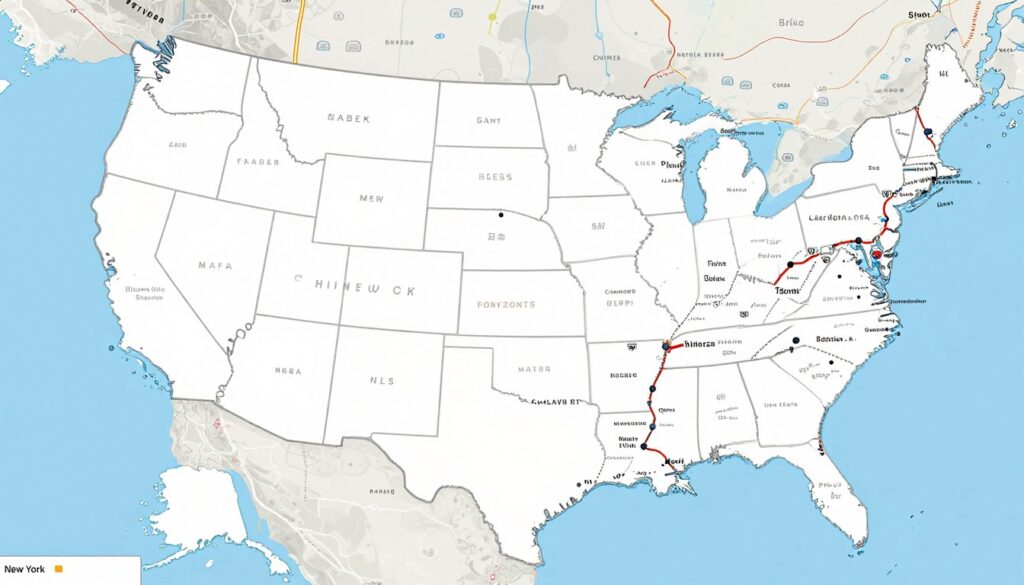 Map showing car shipping route from New York to California across United States