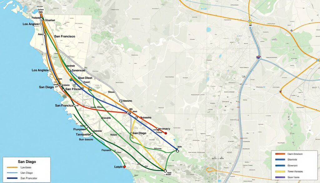 Map showing routes from New York to different California cities