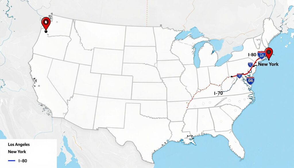 Map showing the route from California to New York with major interstate highways