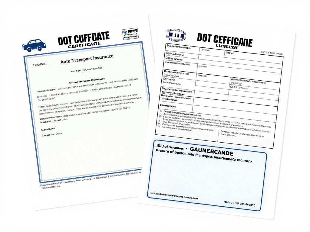 Official DOT license certificate and insurance documents for auto transport