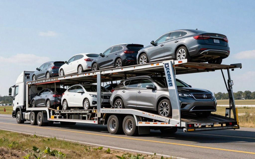 Open auto transport carrier loaded with various vehicles on highway