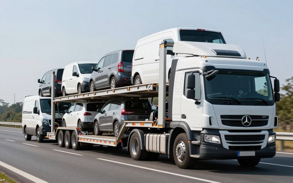 Open car carrier fully loaded with various vehicles being transported