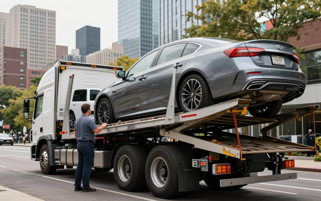 Professional auto transport carrier loading vehicle in New York City