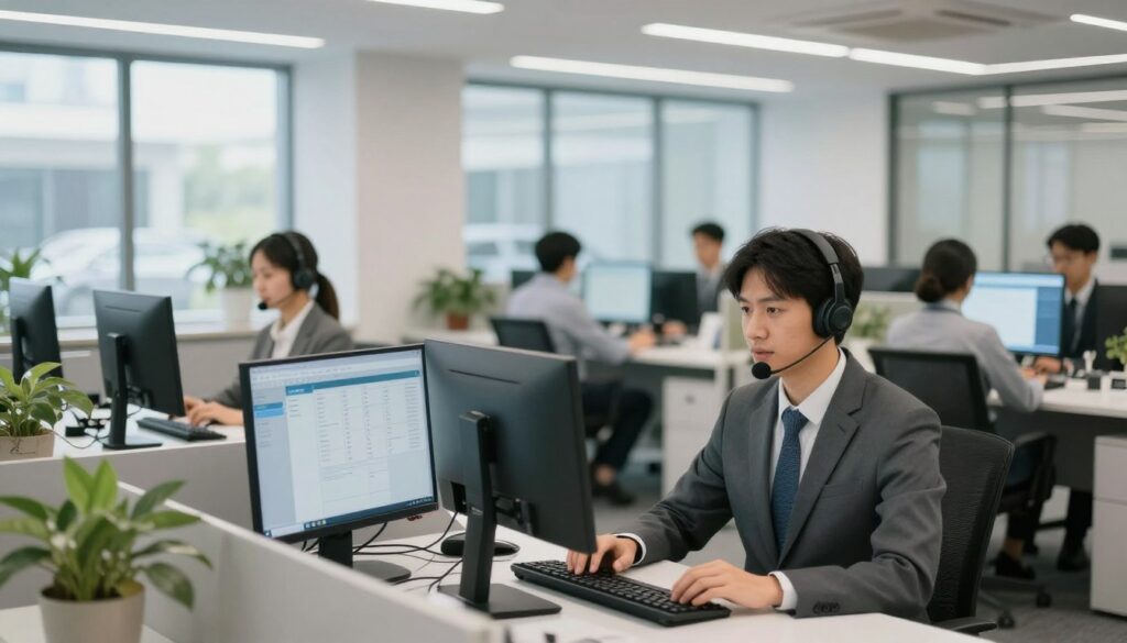Professional auto transport company office with customer service representatives