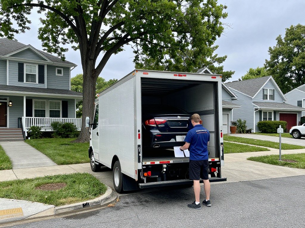 Queens residential area with vehicle being delivered from auto transport carrier