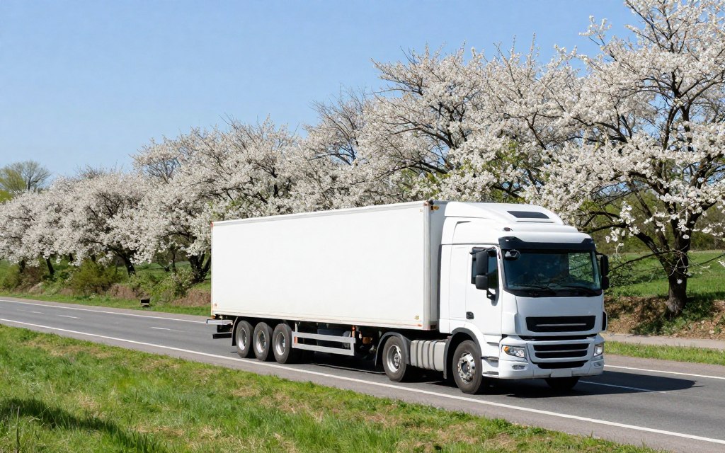 Spring highway conditions with auto transport carrier on clear road