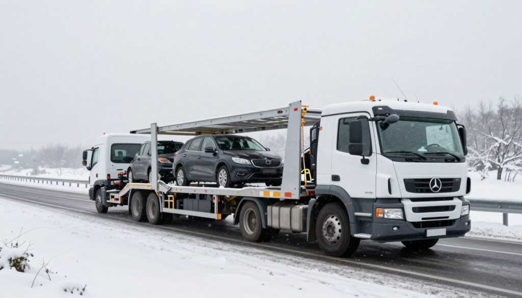 Winter auto transport with carrier navigating snowy conditions safely