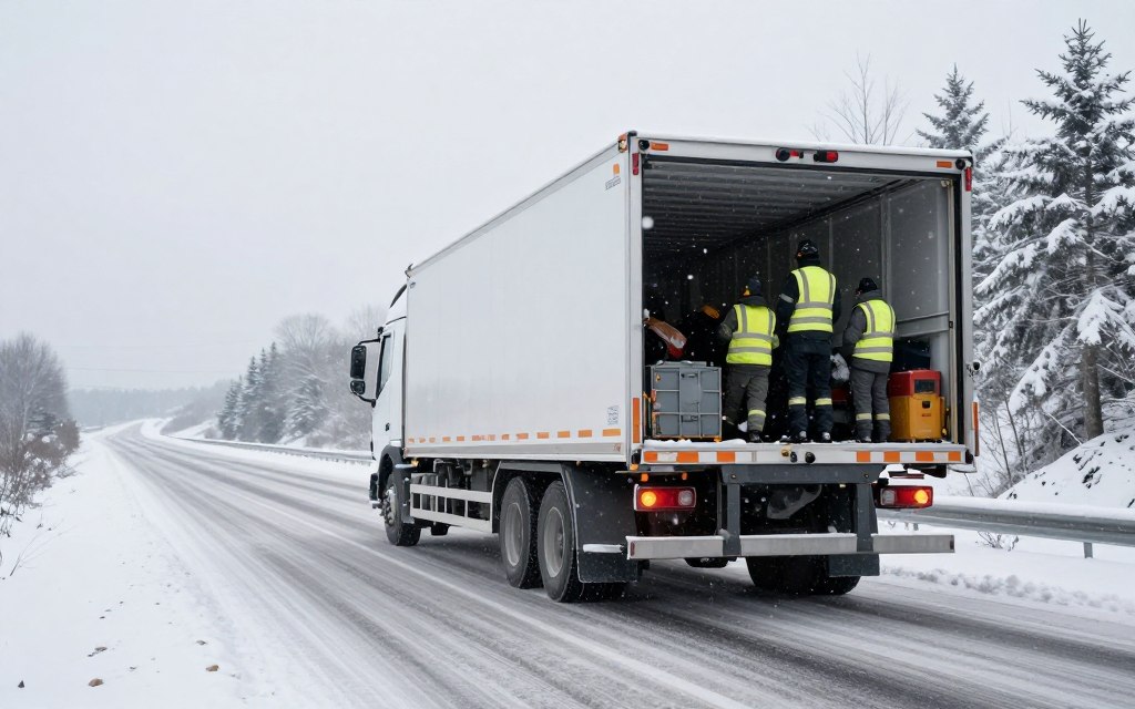 Winter car transport showing snow conditions and careful driving